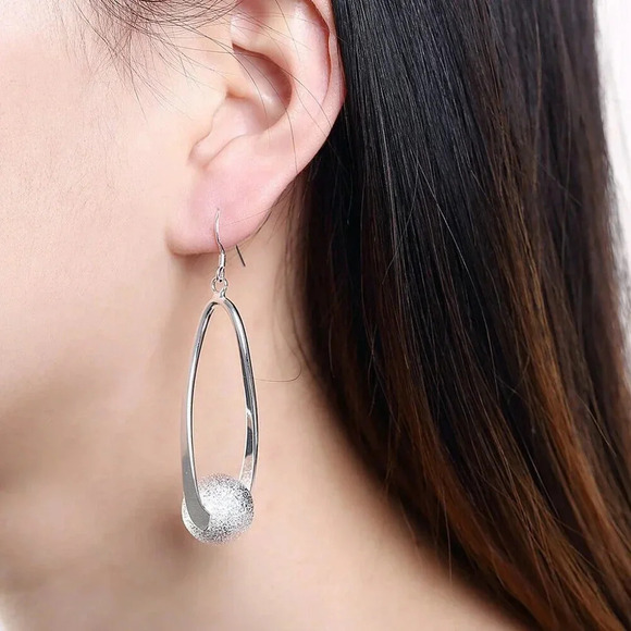 925 Sterling Silver Oval Hoop Drop Statement Earrings Round Ball Dangle Earrings - Picture 4 of 4